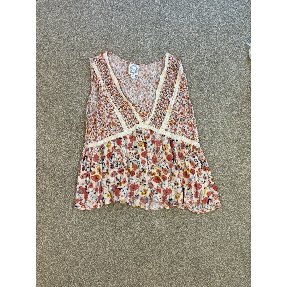 Image of Blue Rain Blue Floral Boho Babydoll Tank Top Small - Picture 12 of 16